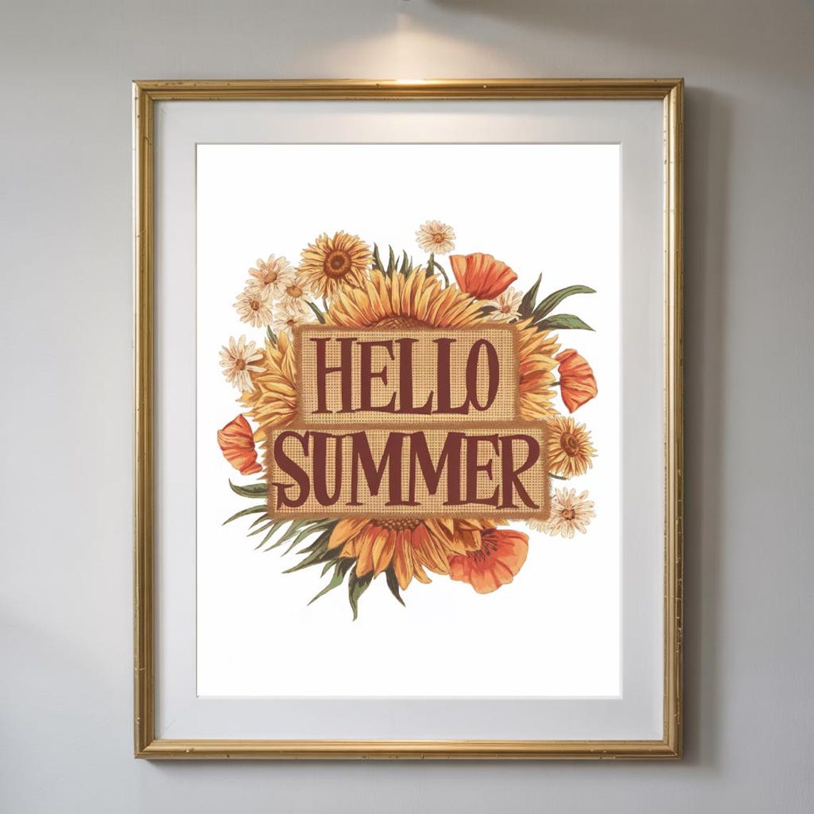 Hello Summer Burlap Label Sunflower Daisy Farmhouse Rustic Poster
