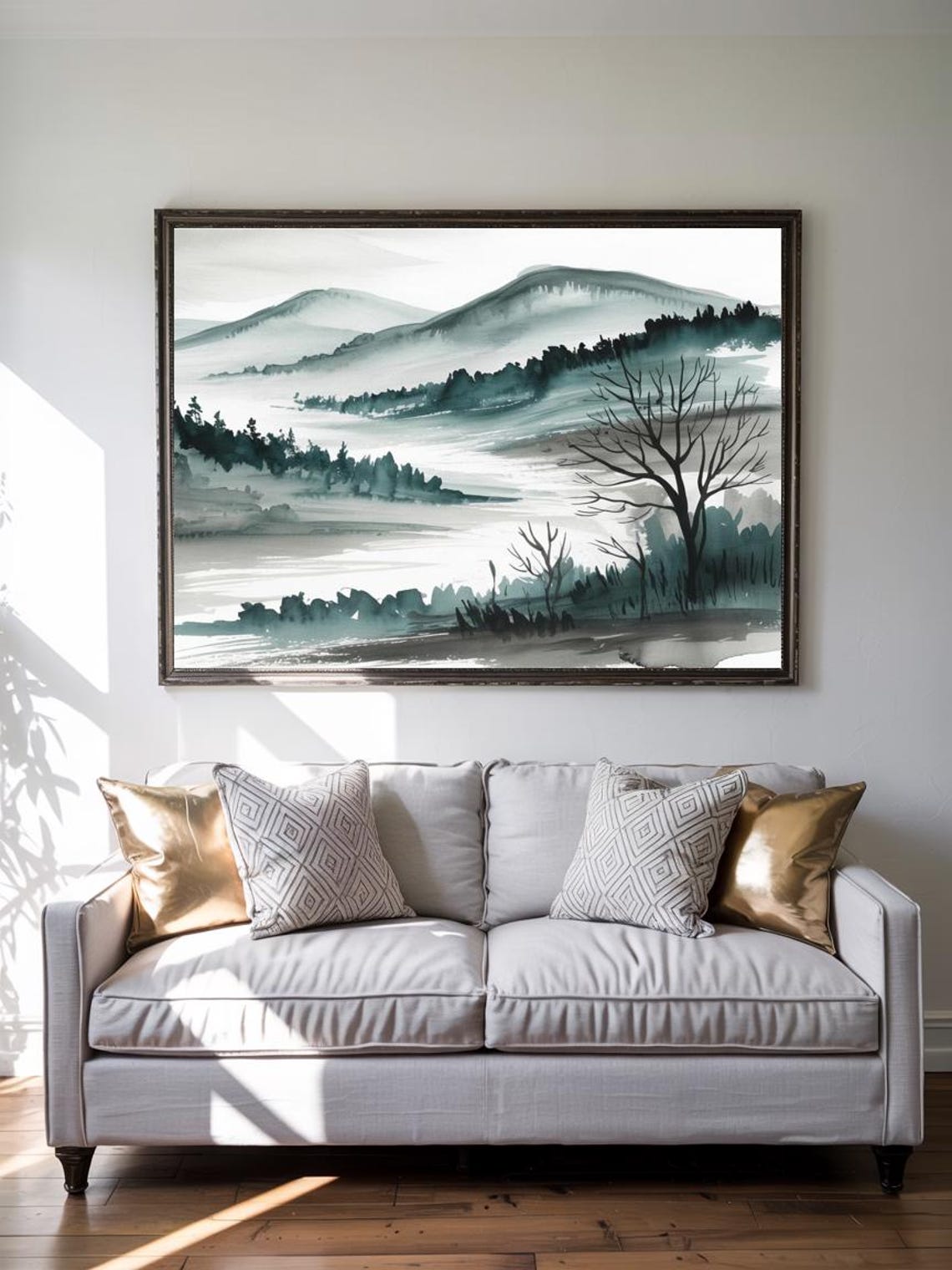 Monochrome Green Ink Mountain and Lake Minimalist Zen Landscape Poster