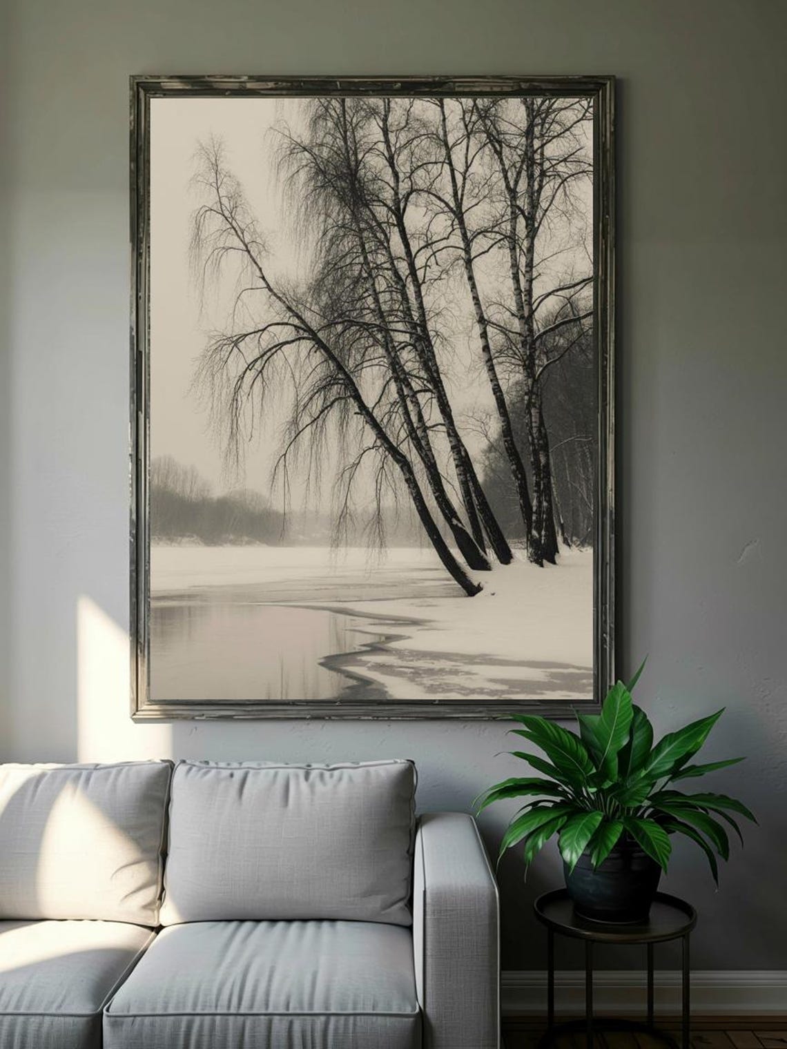 Bare Birch Trees Frozen Lake Winter Sepia Photography Poster - Image 2