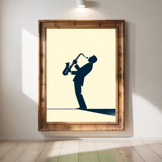 Jazz Saxophonist Silhouette Minimalist Navy Cream Music Room Print