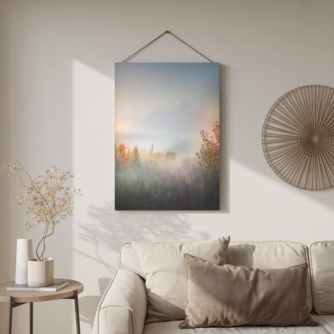 Misty Morning Meadow Foggy Grass Field Soft Autumn Light Poster - Image 2