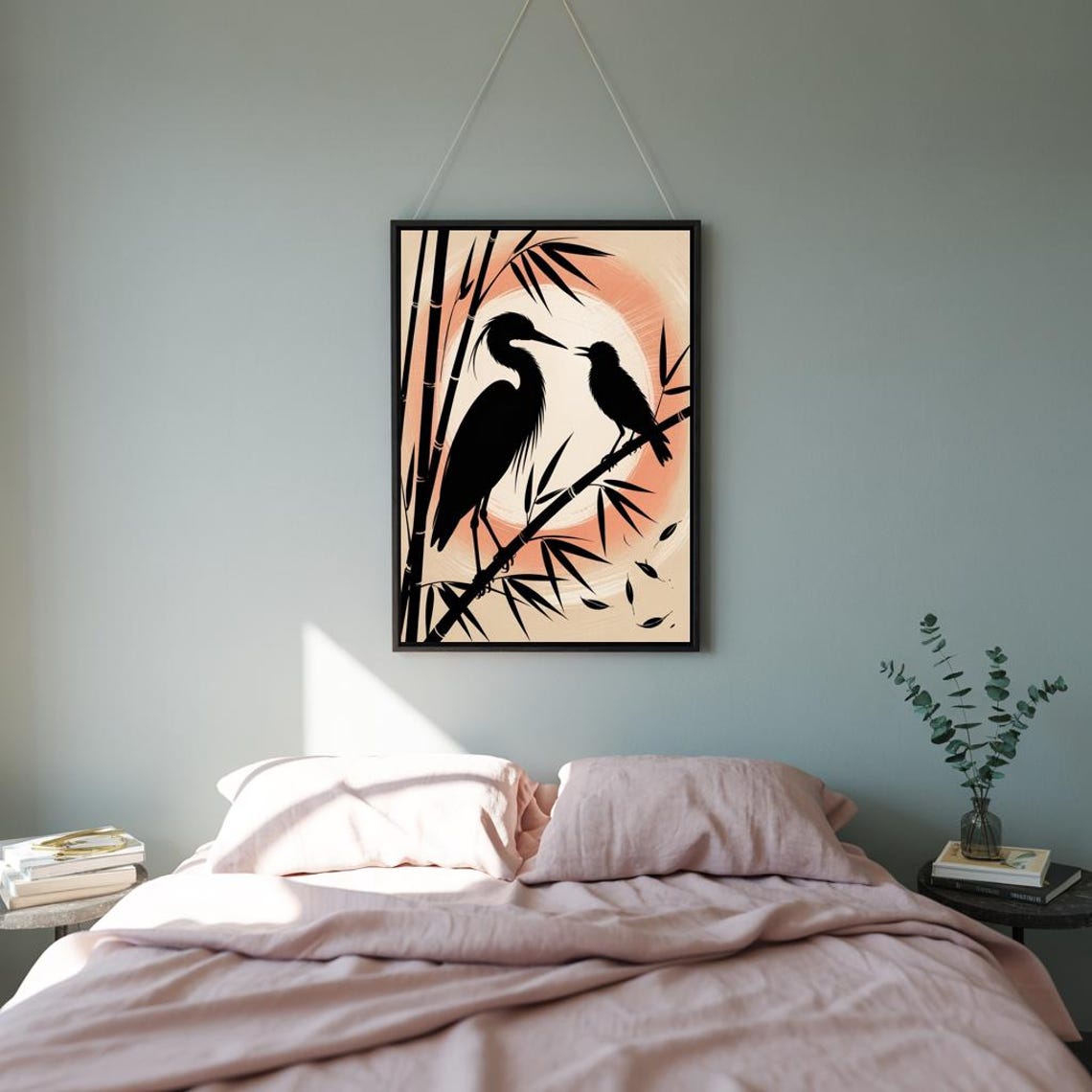 Heron And Bird Silhouettes Zen Bamboo Print - Image 3