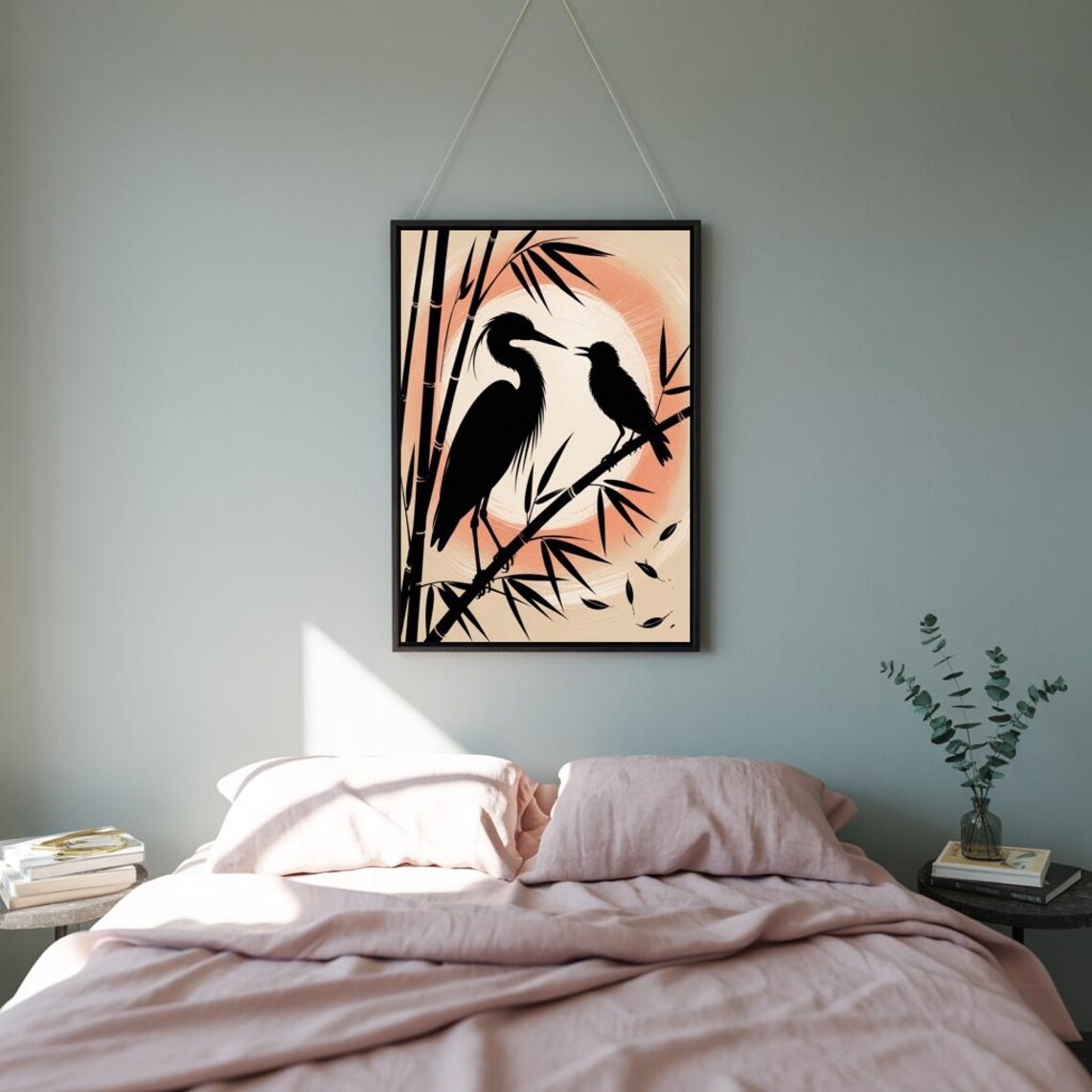 Heron Crow Silhouette Sunset Bamboo Japanese Bird Art Poster - Image 3
