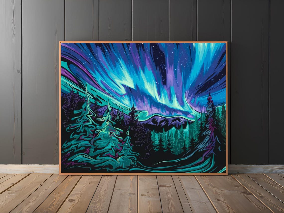 Aurora Borealis Over Pine Forest Vivid Northern Lights Poster