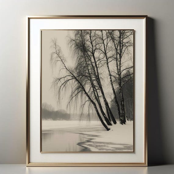 Winter Trees By The Frozen River Moody Monochrome Landscape Print