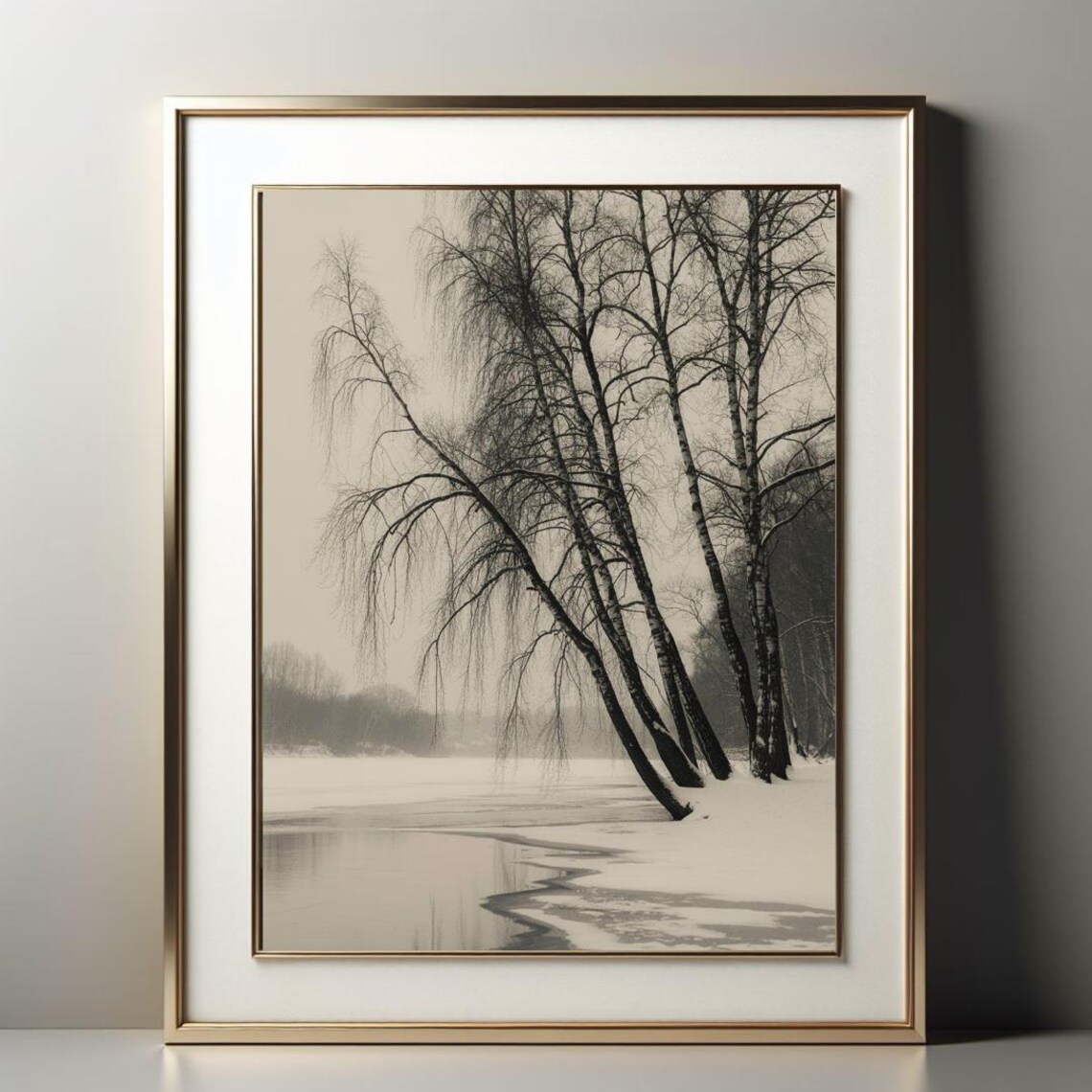 Bare Birch Trees Frozen Lake Winter Sepia Photography Poster