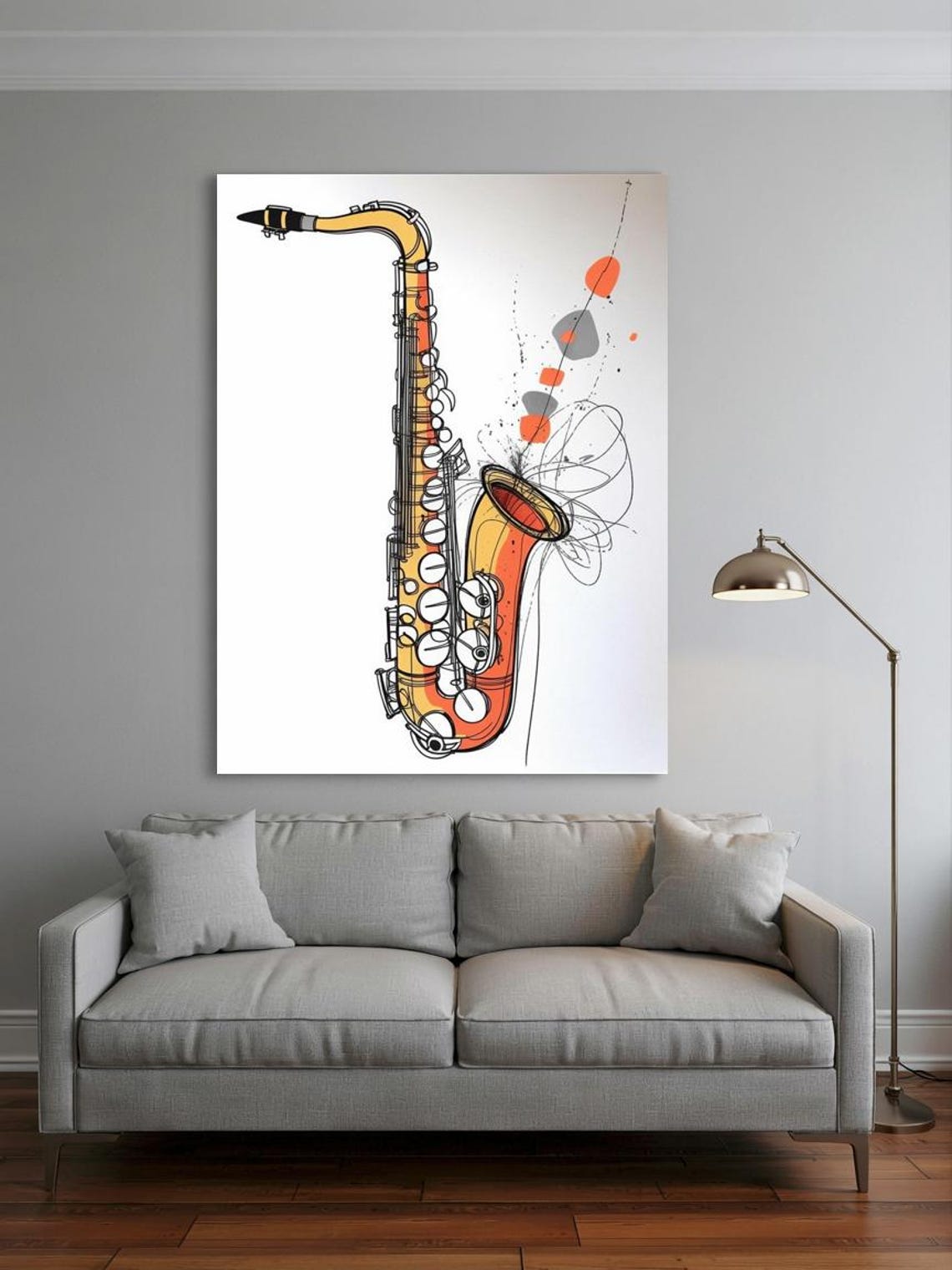 Minimal Orange Line Art Saxophone With Ink Scribble Detail Poster - Image 3