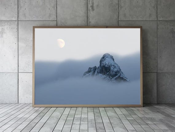 Snowy Peak Moonrise Minimalist Winter Mountain Print Celestial Landscape Poster