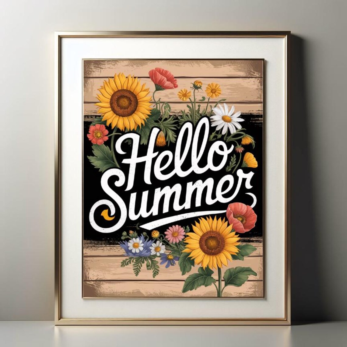 Hello Summer Chalkboard Floral Sunflower Garland Farmhouse Art Poster