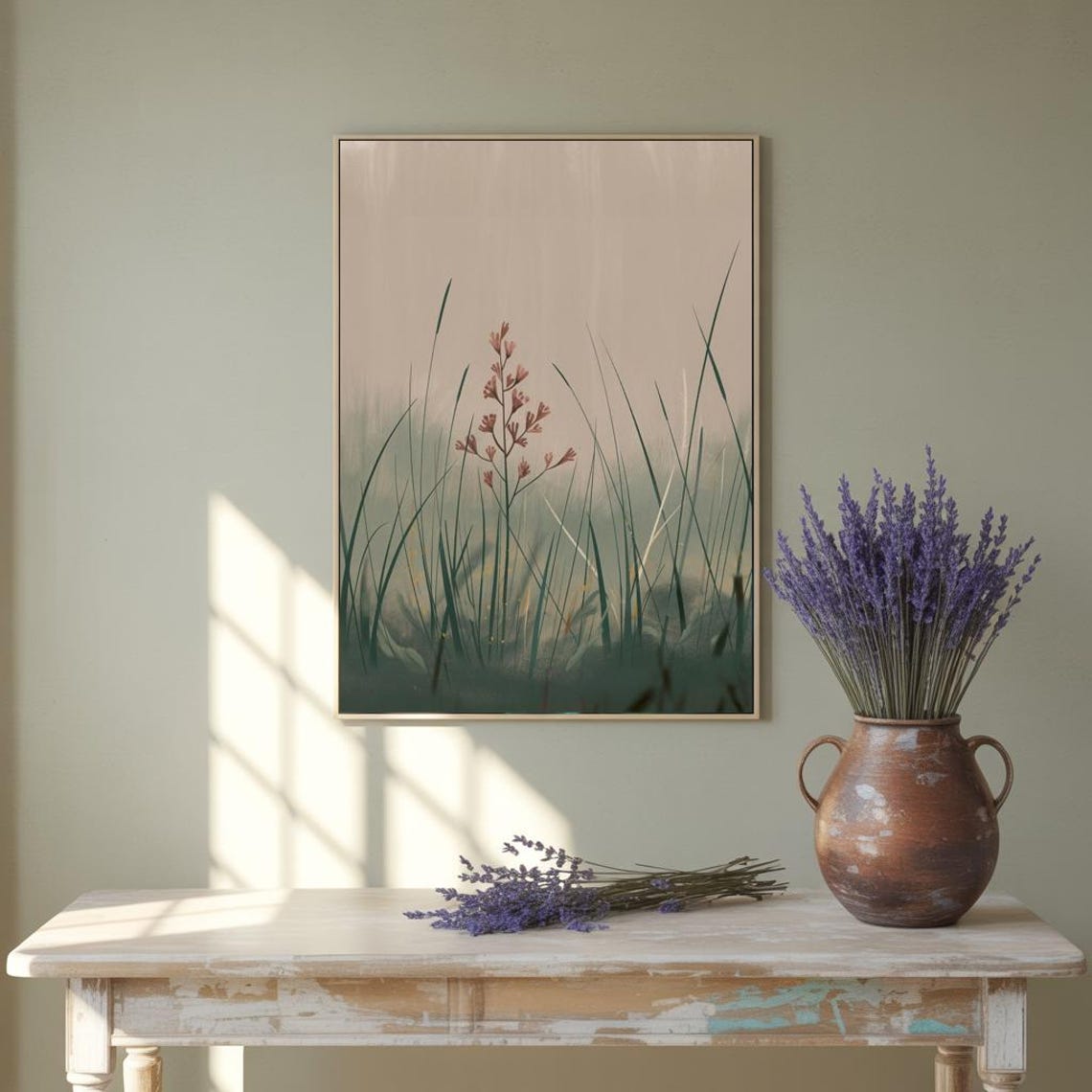 Misty Grass Field Rust Blossom Soft Green Haze Nature Art Print