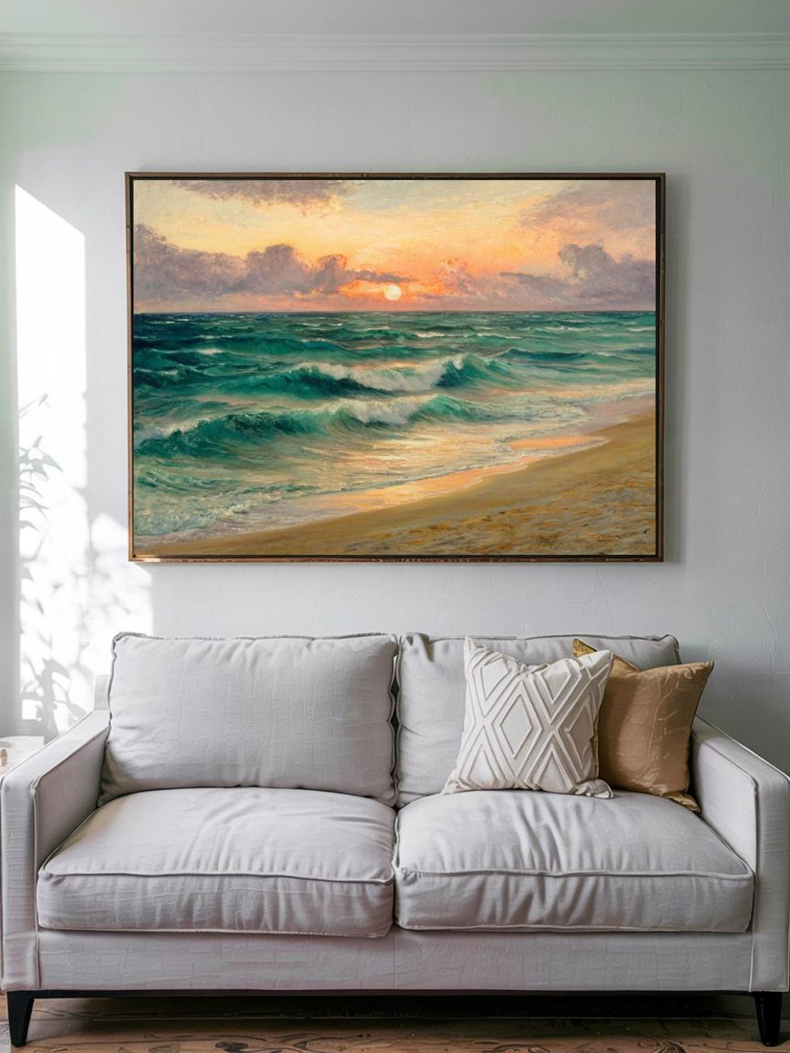 Teal Ocean Waves Sunset Beach Seascape Impressionist Art Poster