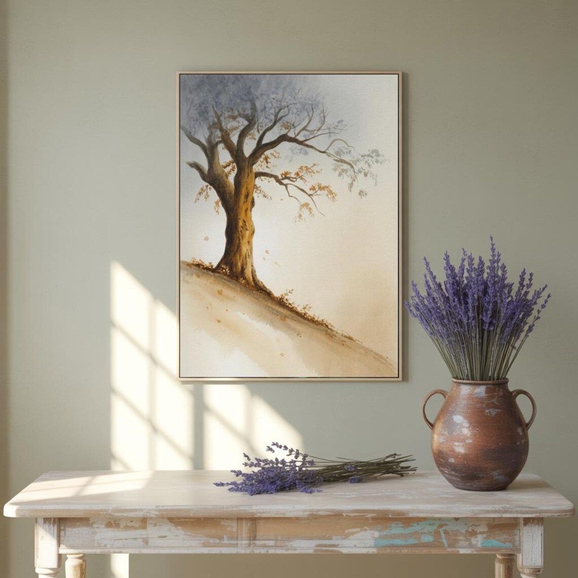 Solitary Tree On Hill Minimalist Autumn Landscape Watercolor Print - Image 2