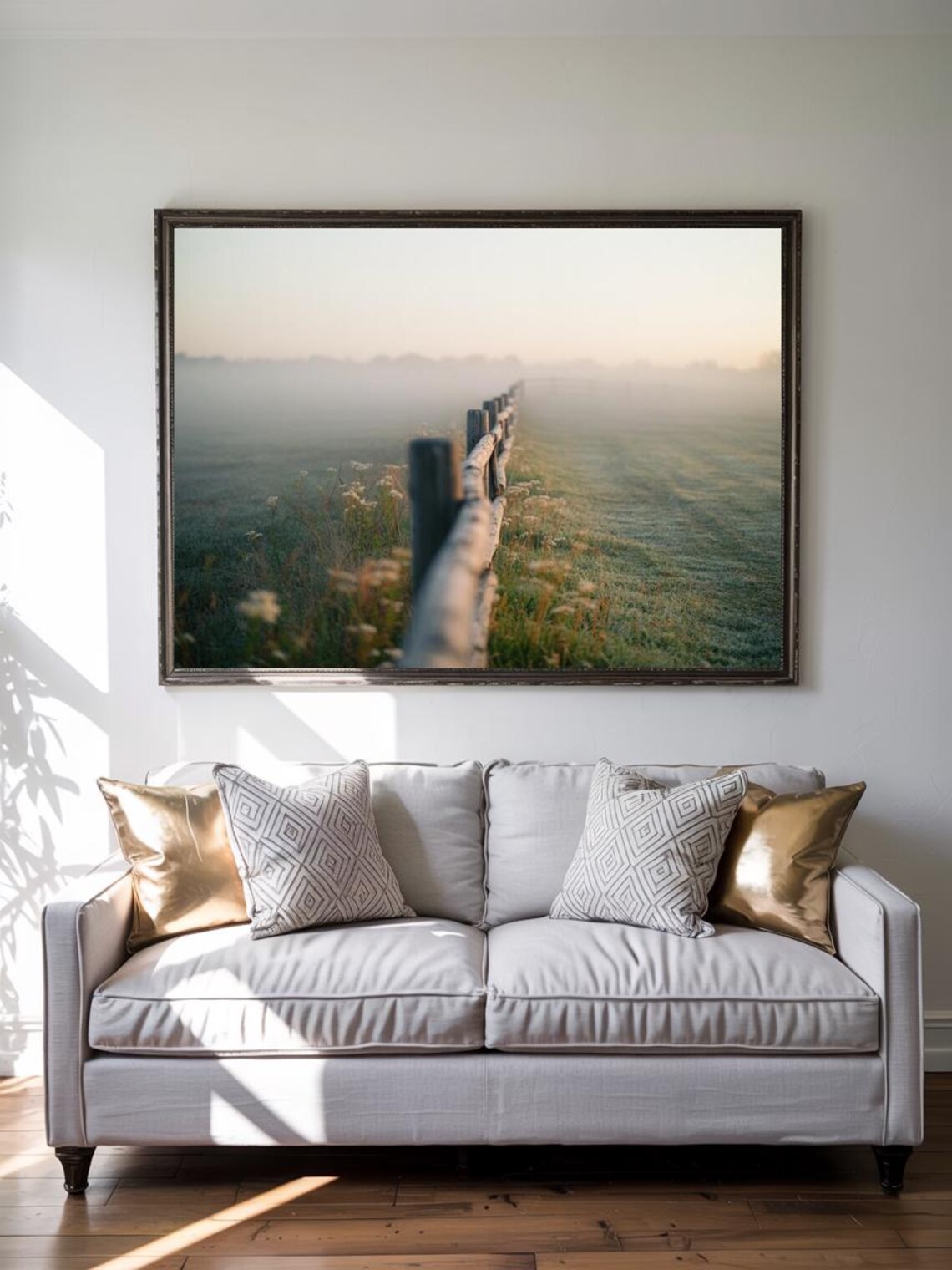 Foggy Meadow Fence at Dawn Countryside Landscape Photography Poster - Image 2