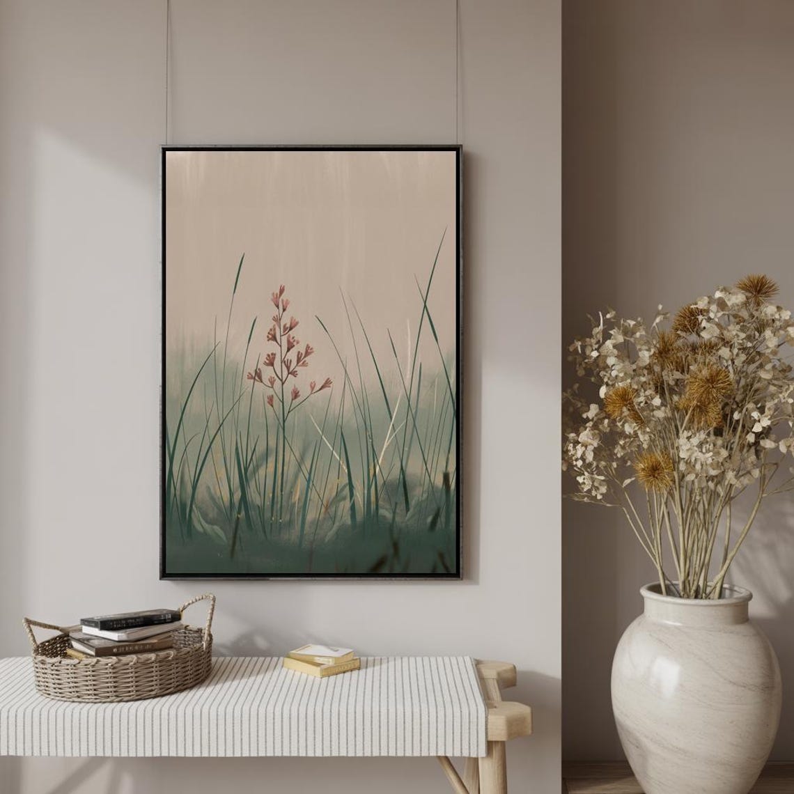 Misty Grass Field Rust Blossom Soft Green Haze Nature Art Print - Image 3