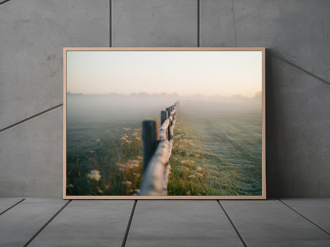 Foggy Meadow Fence at Dawn Countryside Landscape Photography Poster - Image 3