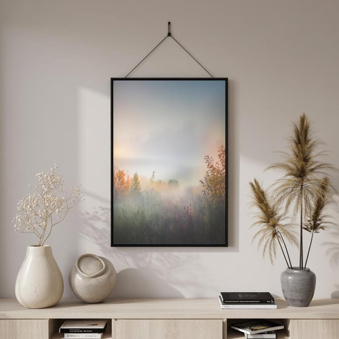 Misty Morning Meadow Foggy Grass Field Soft Autumn Light Poster - Image 3
