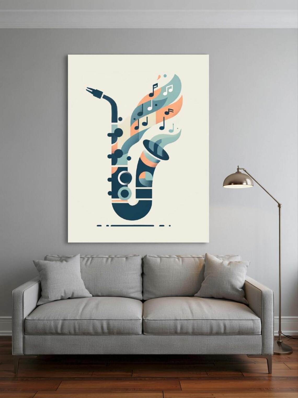 Abstract Saxophone Navy Peach Musical Notes Modern Jazz Canvas Wall Art