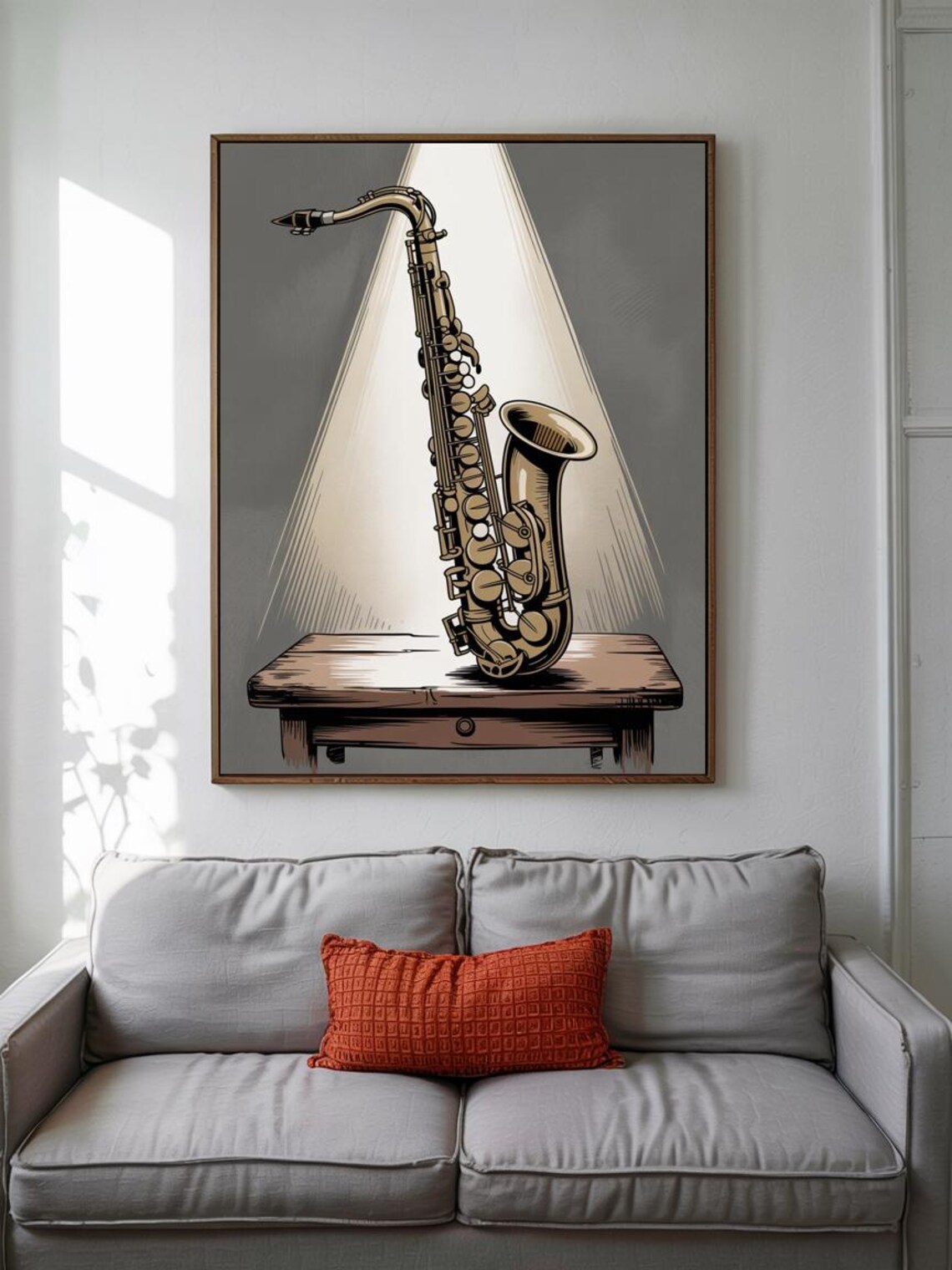 Golden Saxophone Spotlight Wooden Table Vintage Engraved Jazz Music Poster - Image 3
