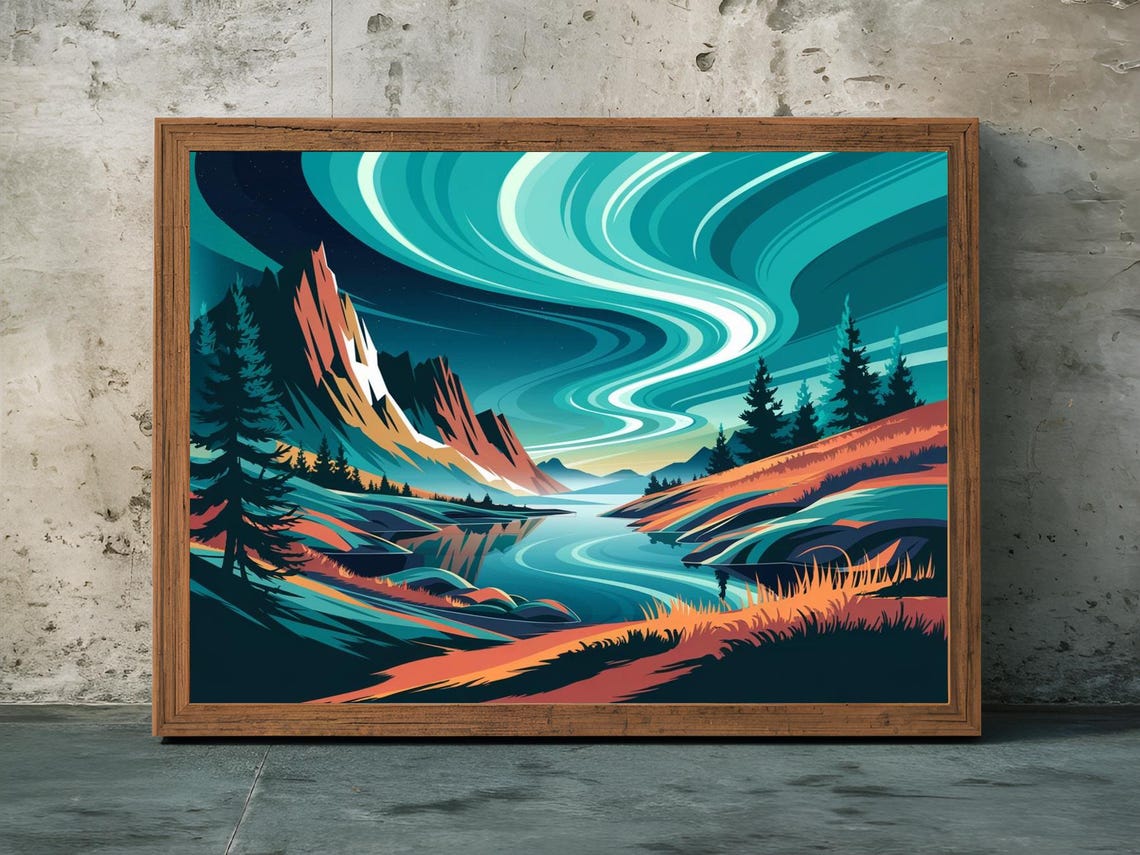 Aurora Borealis Over Mountain Valley Stylized Night Sky Poster