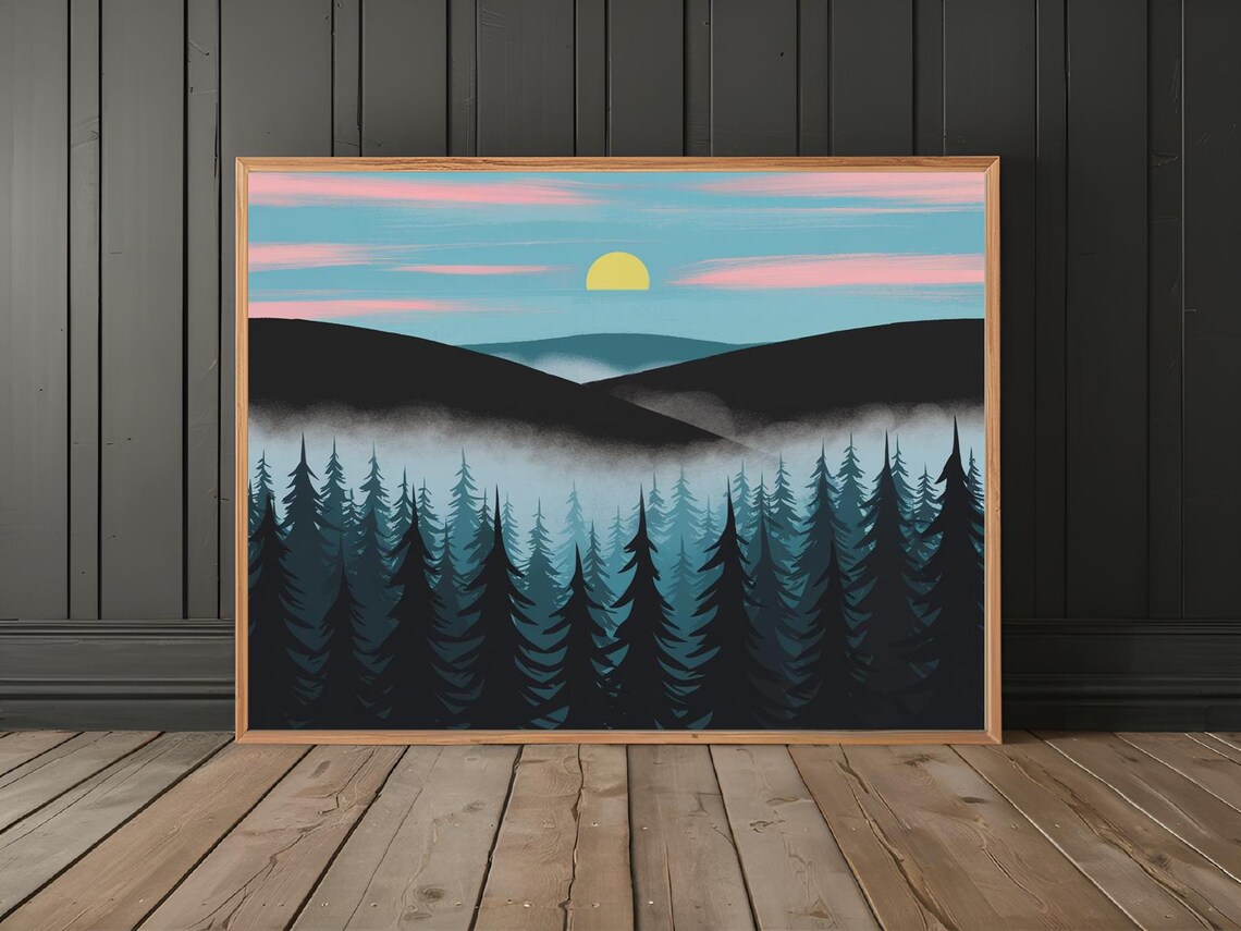 Misty Pine Forest Sunrise Fog Pastel Sky Evergreen Tree Poster - Image 2