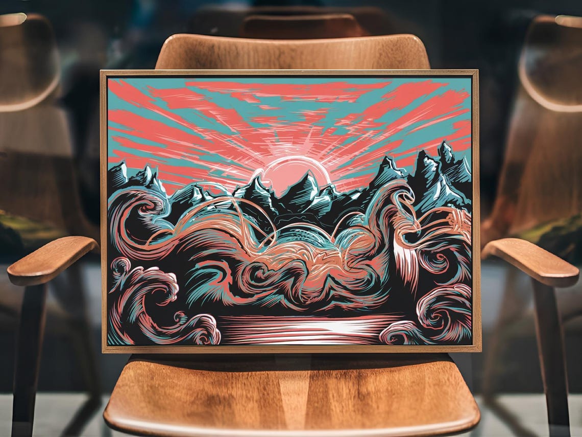 Bold Coral Teal Mountain Ocean Waves Graphic Landscape Poster - Image 3