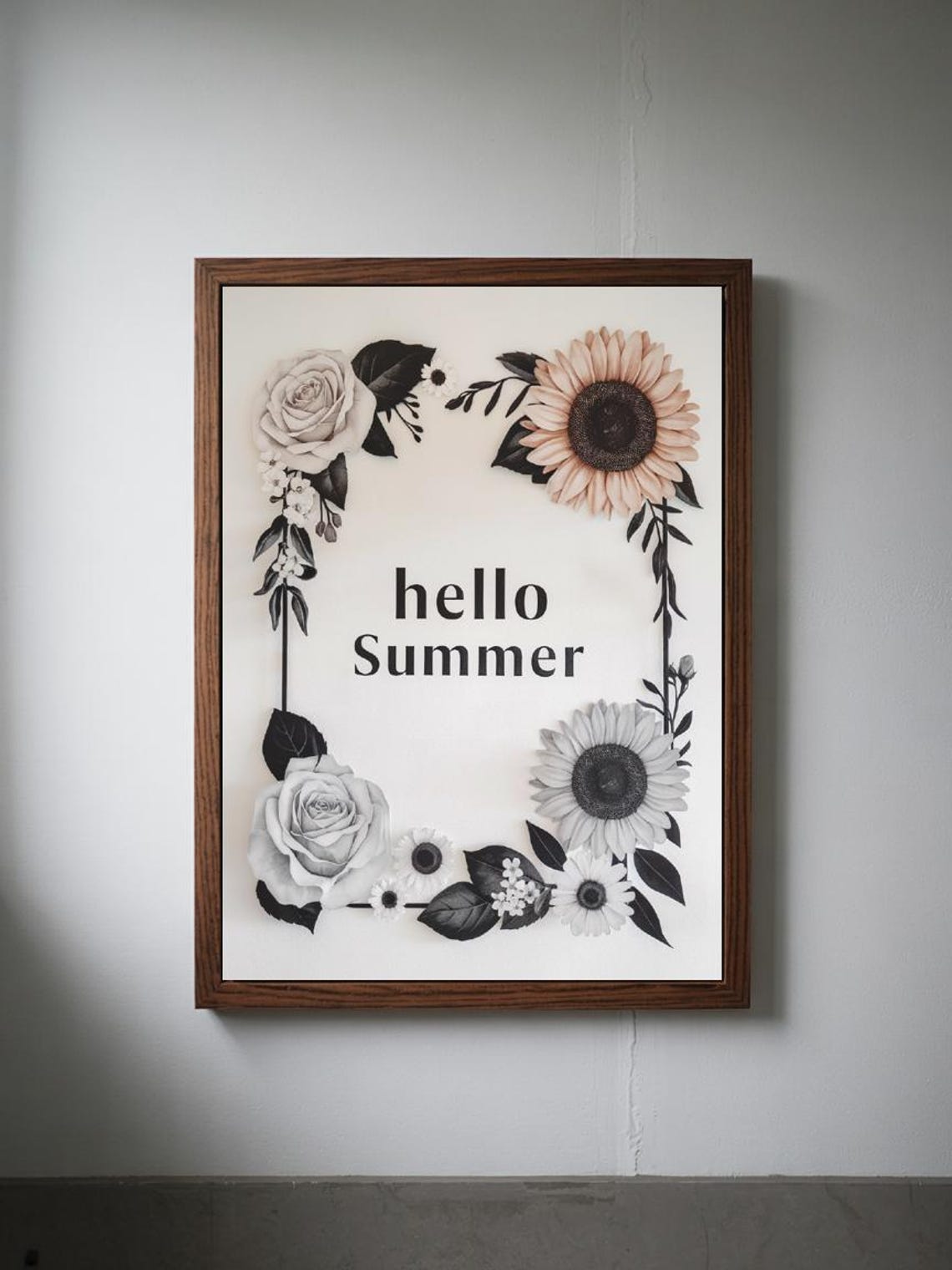 Hello Summer Monochrome Floral Border Rose Sunflower Elegant Poster