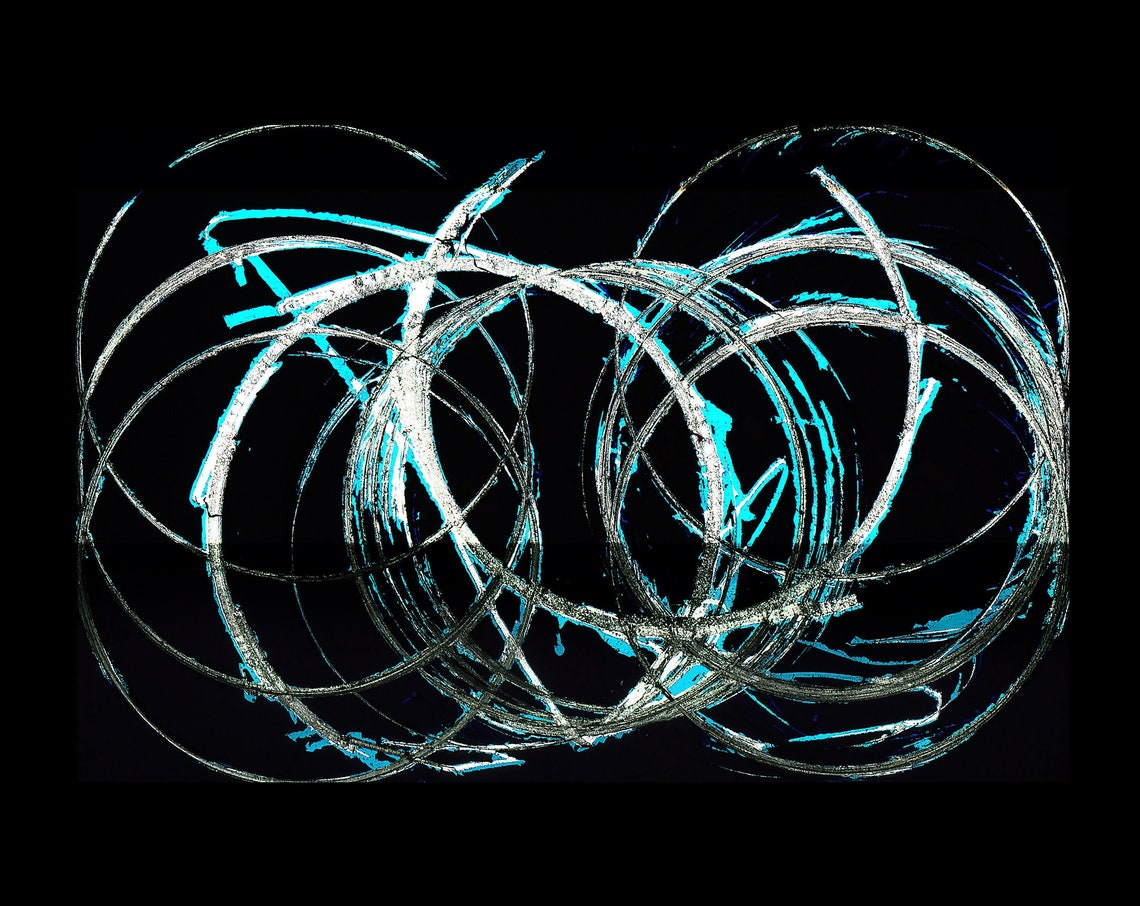 Abstract Swirling Silver Circles On Black Background Modern Art Poster