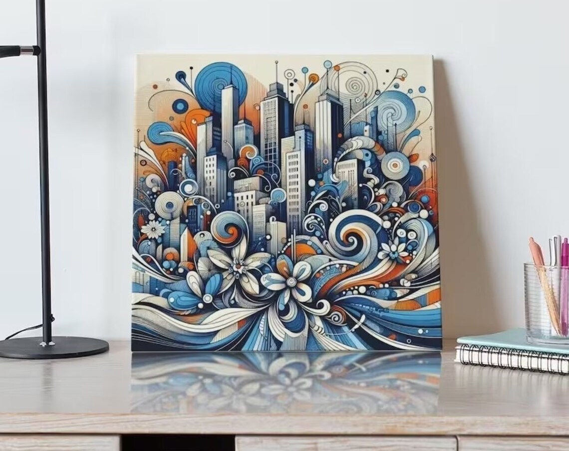 Floral Skyscraper City Swirls Blue Orange Urban Wall Art Poster