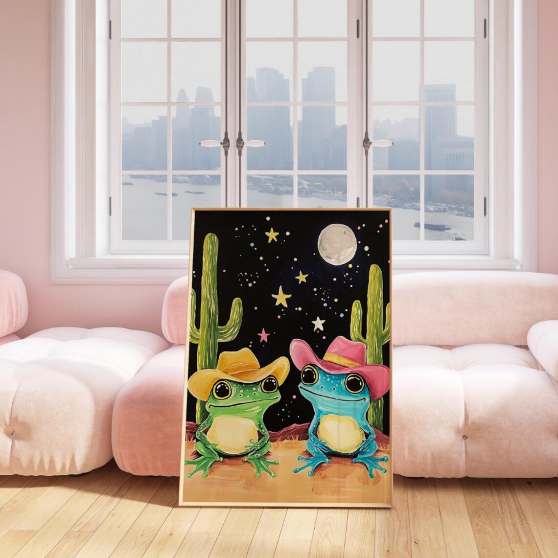 Cowboy Frogs Night Desert Moon Stars Cacti Whimsical Art Poster - Image 2