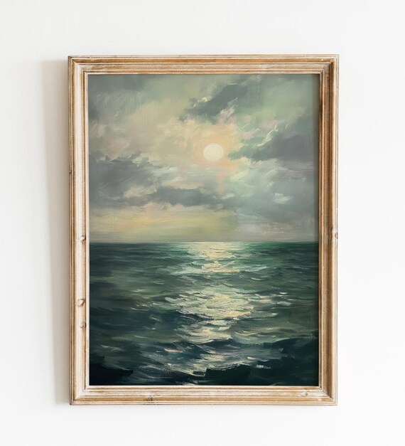Moonlit Ocean Vintage 70s Beach Scene Art Print Coastal Seaside Wall Decor