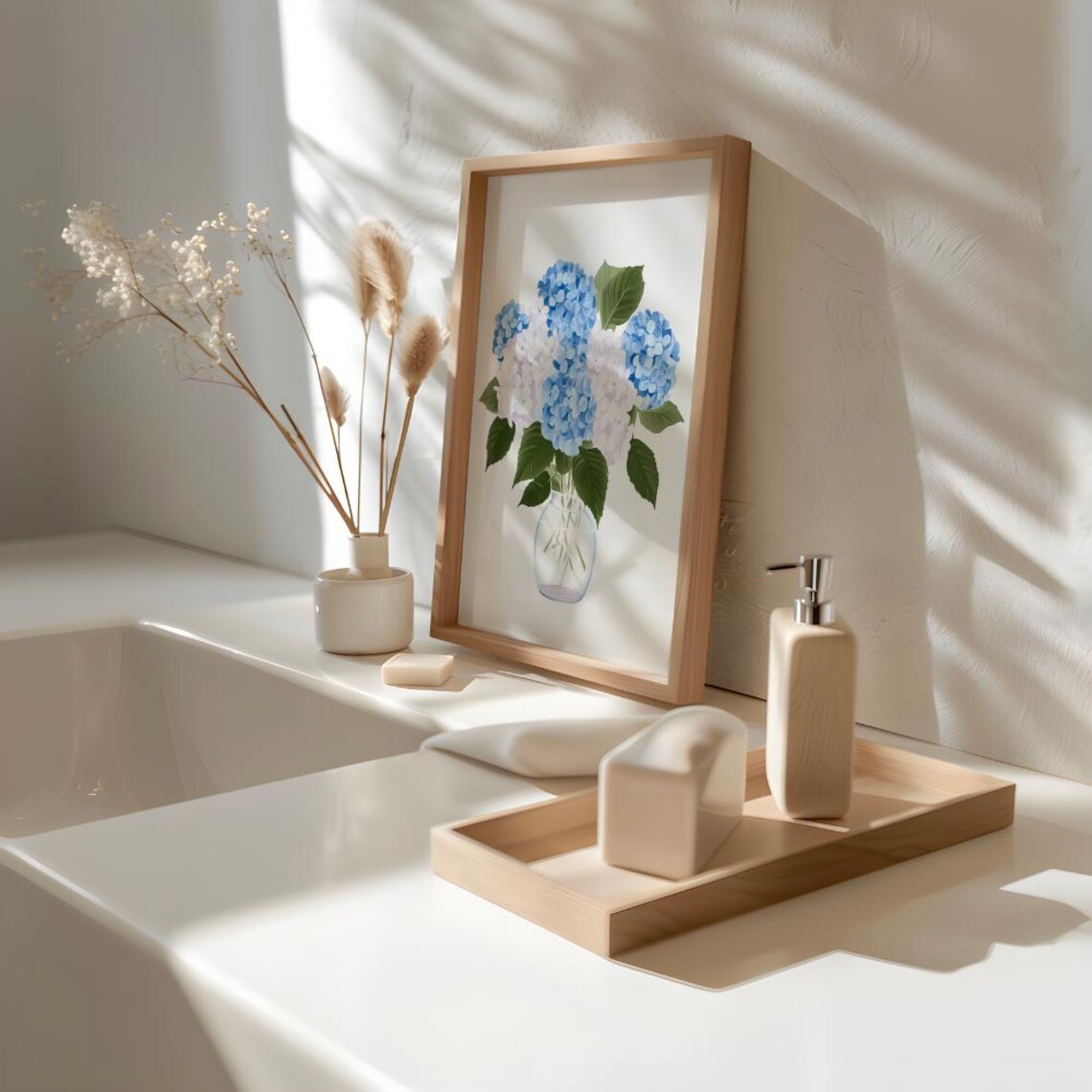 Blue White Hydrangea Bouquet Glass Vase Floral Watercolor Poster - Image 4