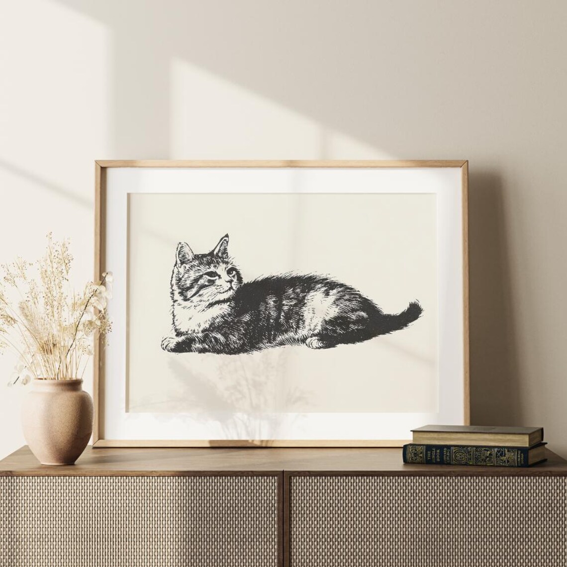 Reclining Tabby Cat Fine Ink Sketch Minimal Black and White Cat Art Poster - Image 2