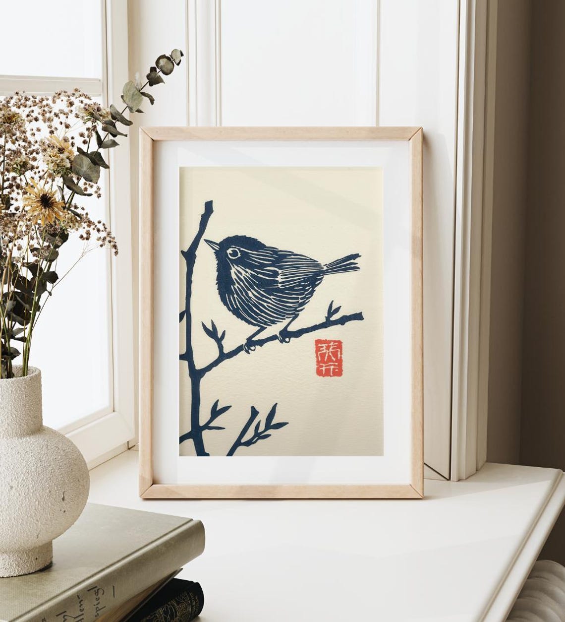 Dark Blue Wren Perched On Branch Japanese Woodblock Bird Print - Image 3