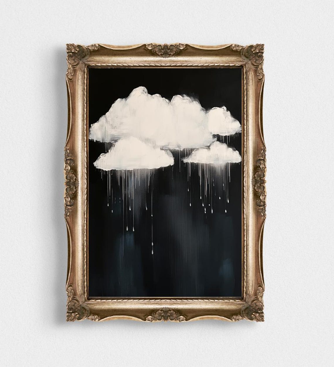 White Cloud Rain Painting Black Background Dark Moody Art Poster