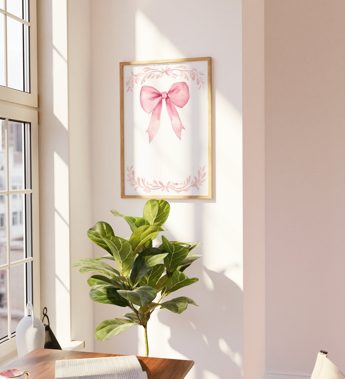Pink Watercolor Bow Leaf Garland Delicate Coquette Nursery Art Poster - Image 2