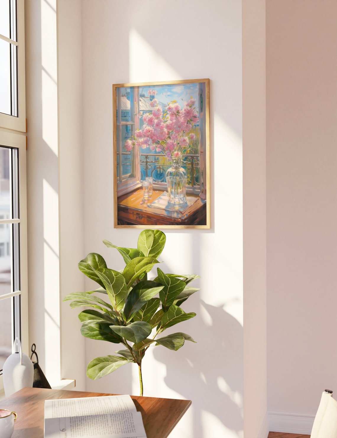 Pink Blossom Branches Glass Vase Sunlit Parisian Window Art Poster - Image 2