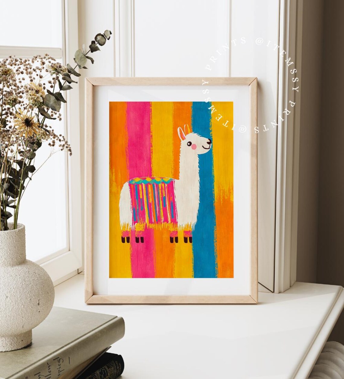 Colorful Happy Llama Rainbow Striped Blanket Kids Nursery Poster - Image 3