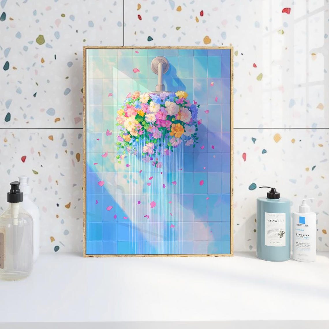 Floral Shower Bouquet On Blue Tile Whimsical Bathroom Decor Poster - Image 3