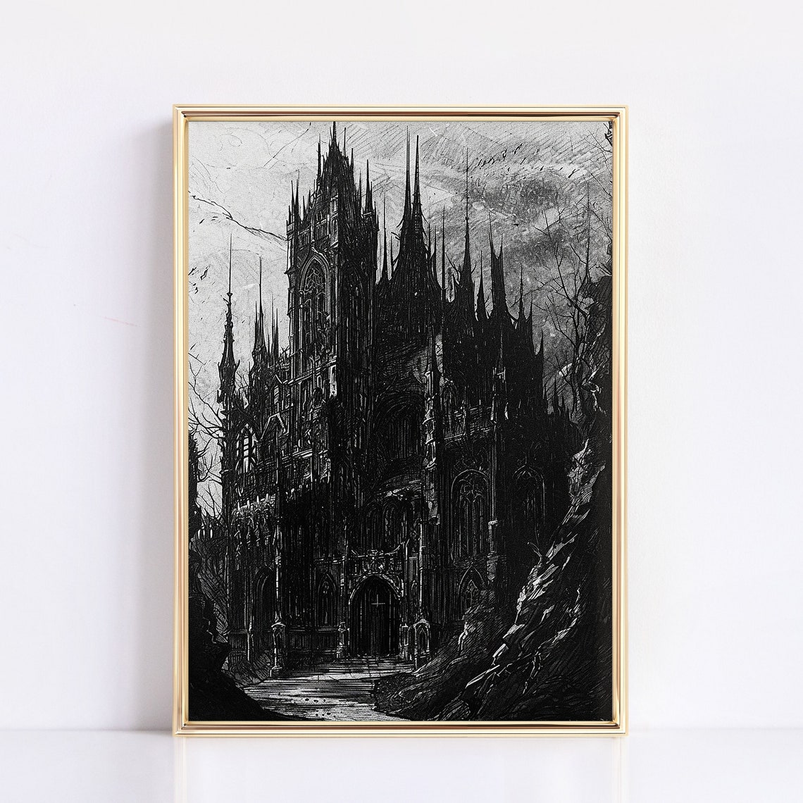 Dark Gothic Cathedral Charcoal Sketch Spooky Architecture Poster - Image 3