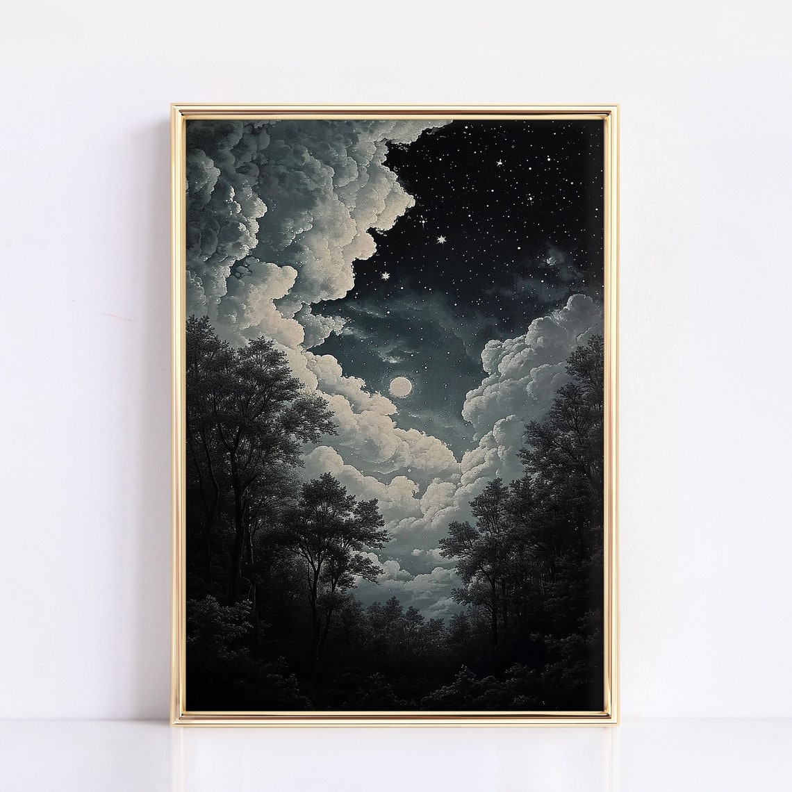 Moon Behind Parted Clouds Starry Gray Night Sky Painting Poster - Image 3
