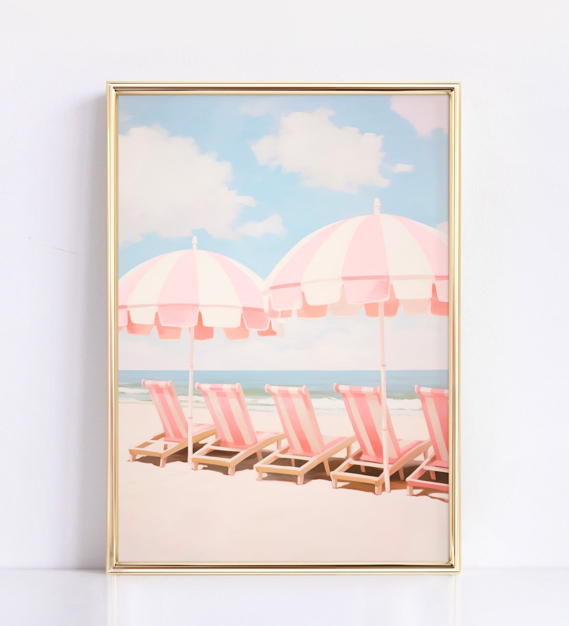 Pink Striped Beach Umbrella Lounge Chair Coastal Summer Art Poster