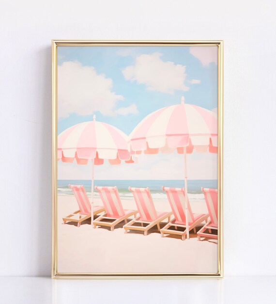 Pink Striped Beach Umbrella Lounge Chair Coastal Summer Art Poster