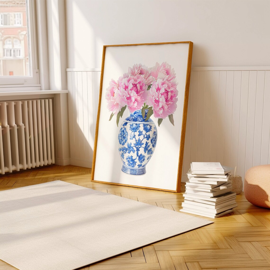 Blush Pink Peonies Chinoiserie Blue White Porcelain Vase Floral Poster - Image 2