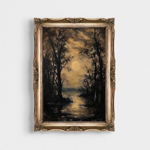 Golden Moon Over Dark Swamp Forest Sepia Vintage Night Art Poster