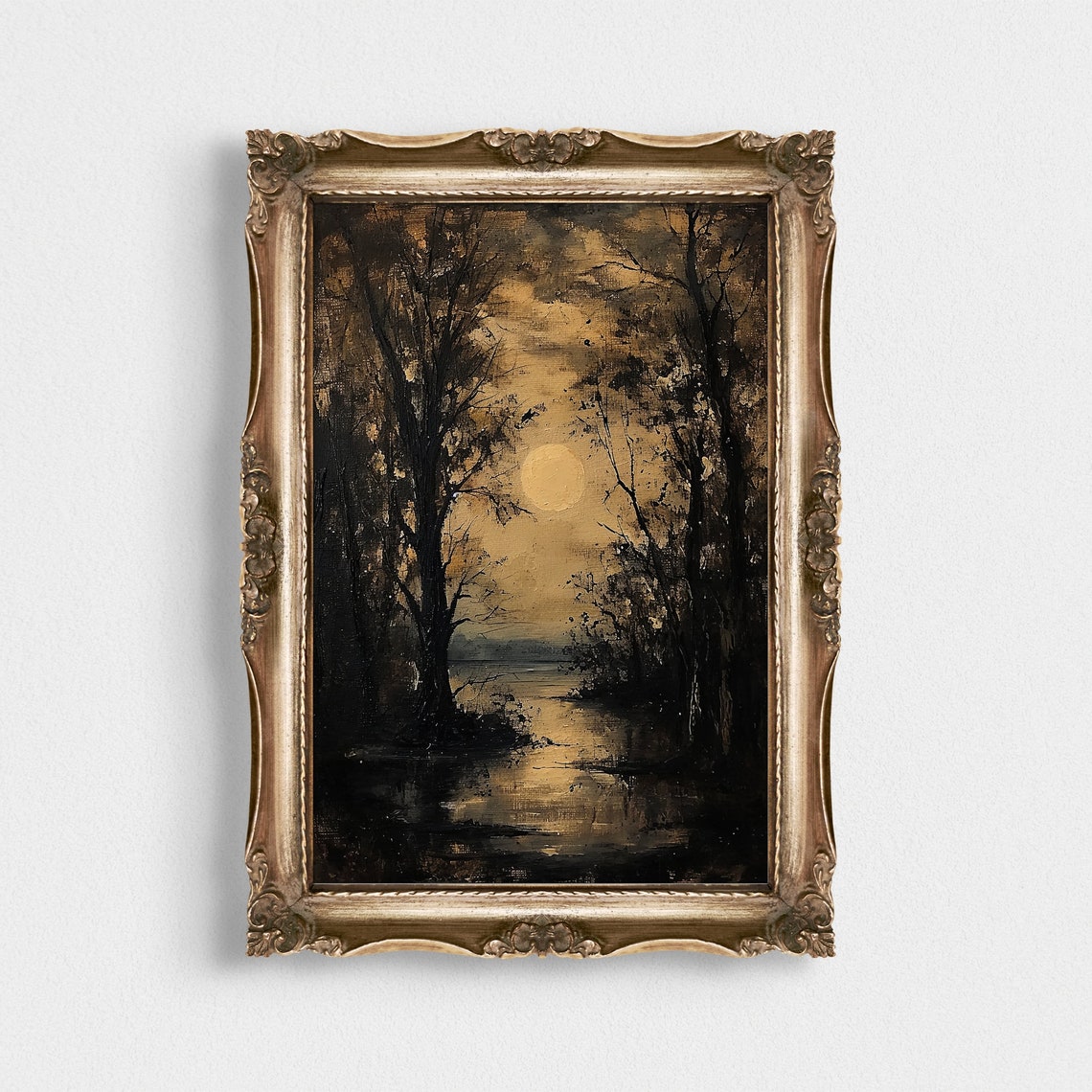 Golden Moon Over Dark Swamp Forest Sepia Vintage Night Art Poster