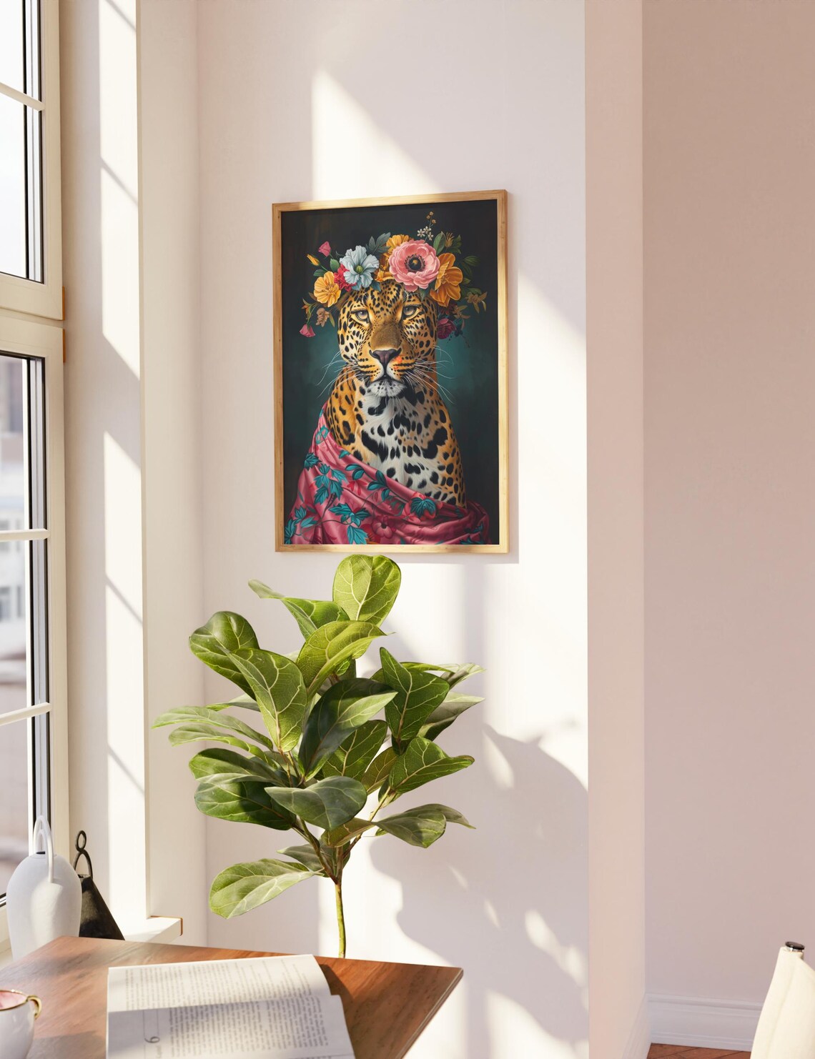 Majestic Leopard Wearing Floral Crown Painting Pink Shawl Maximalist Poster - Image 2