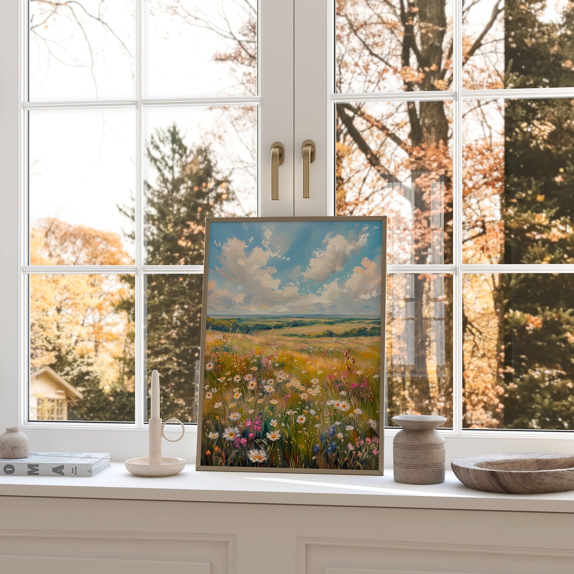 Bright Wildflower Meadow Under Blue Cloudy Sky Summer Poster - Image 2