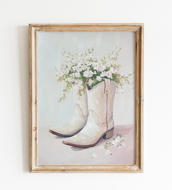 White Cowboy Boots Wildflowers Western Nursery Decor Art Poster