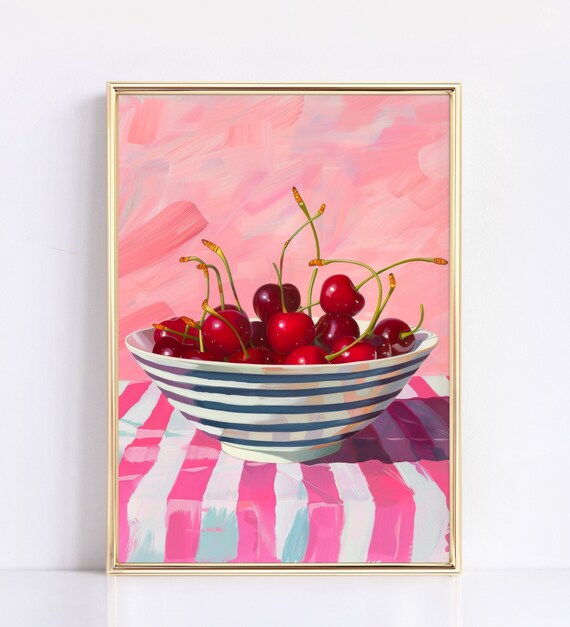 Cherry Bowl Red Cherries Pink Striped Tablecloth Retro Kitchen Poster