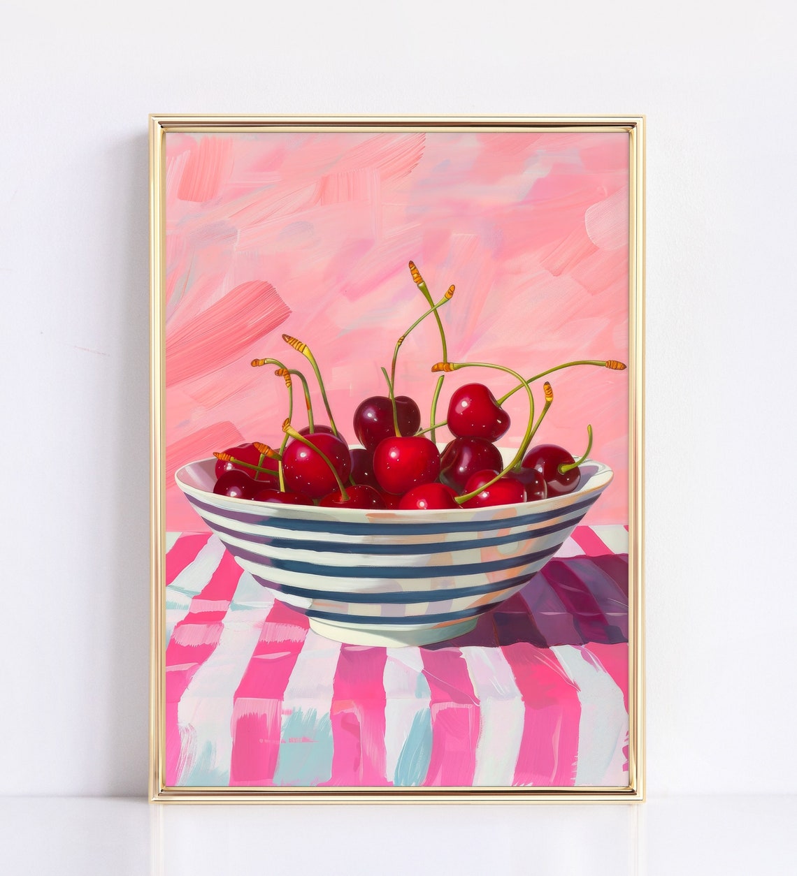 Cherry Bowl Red Cherries Pink Striped Tablecloth Retro Kitchen Poster
